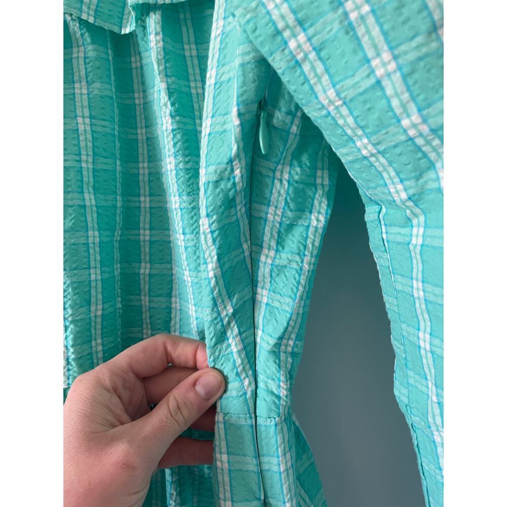 J.Crew Aqua Green Plaid Seersucker Ruffle Tiered Mini Dress 6 Preppy Pastel - Picture 6 of 12